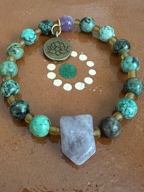 Handcrafted Amethyst & African Turquoise Beaded Bracelet w/Lotus Charm 🪷